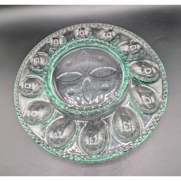 Vintage Longaberger Green Glass 12 Deviled Egg Plate Platter Serving Dish 11" - Picture 1 of 5